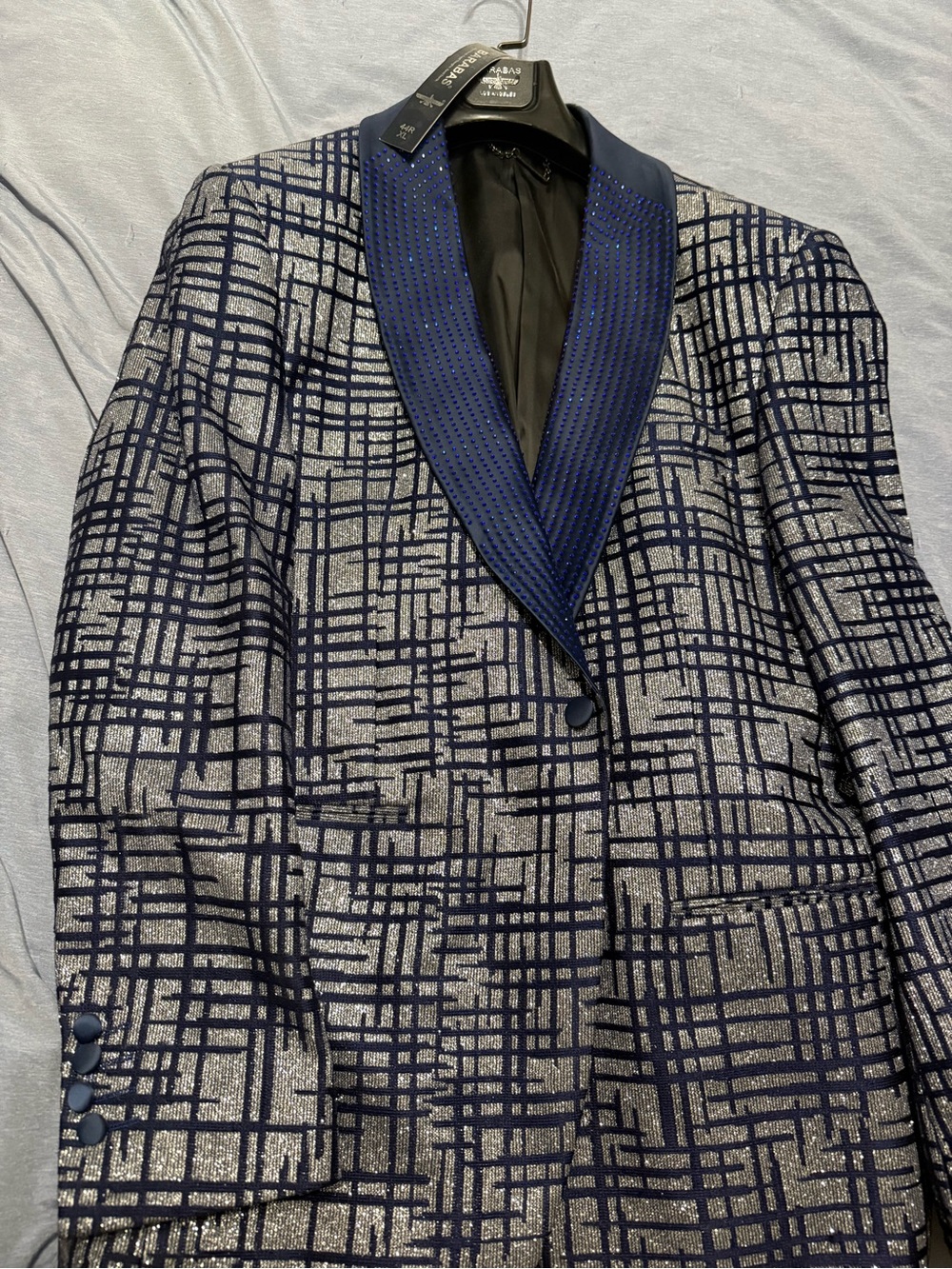 Modern Navy & Silver Patterned Men's Blazer with Navy Shawl Collar